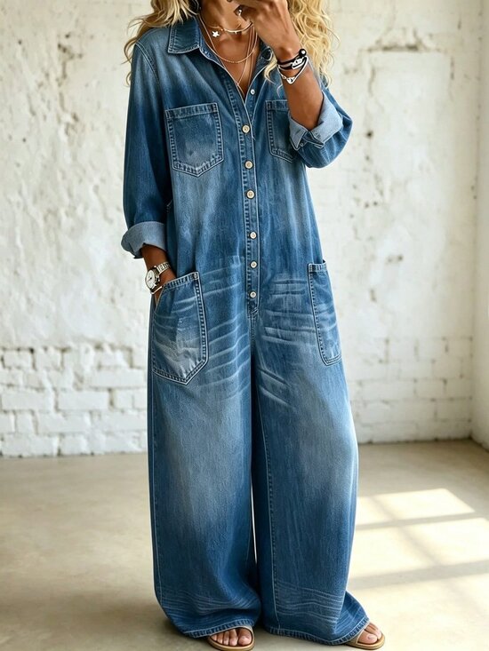 MODA ME COUTURE Pants - Blue Casual Women's Collared Regular Loose Wide Leg Denim Jumpsuit